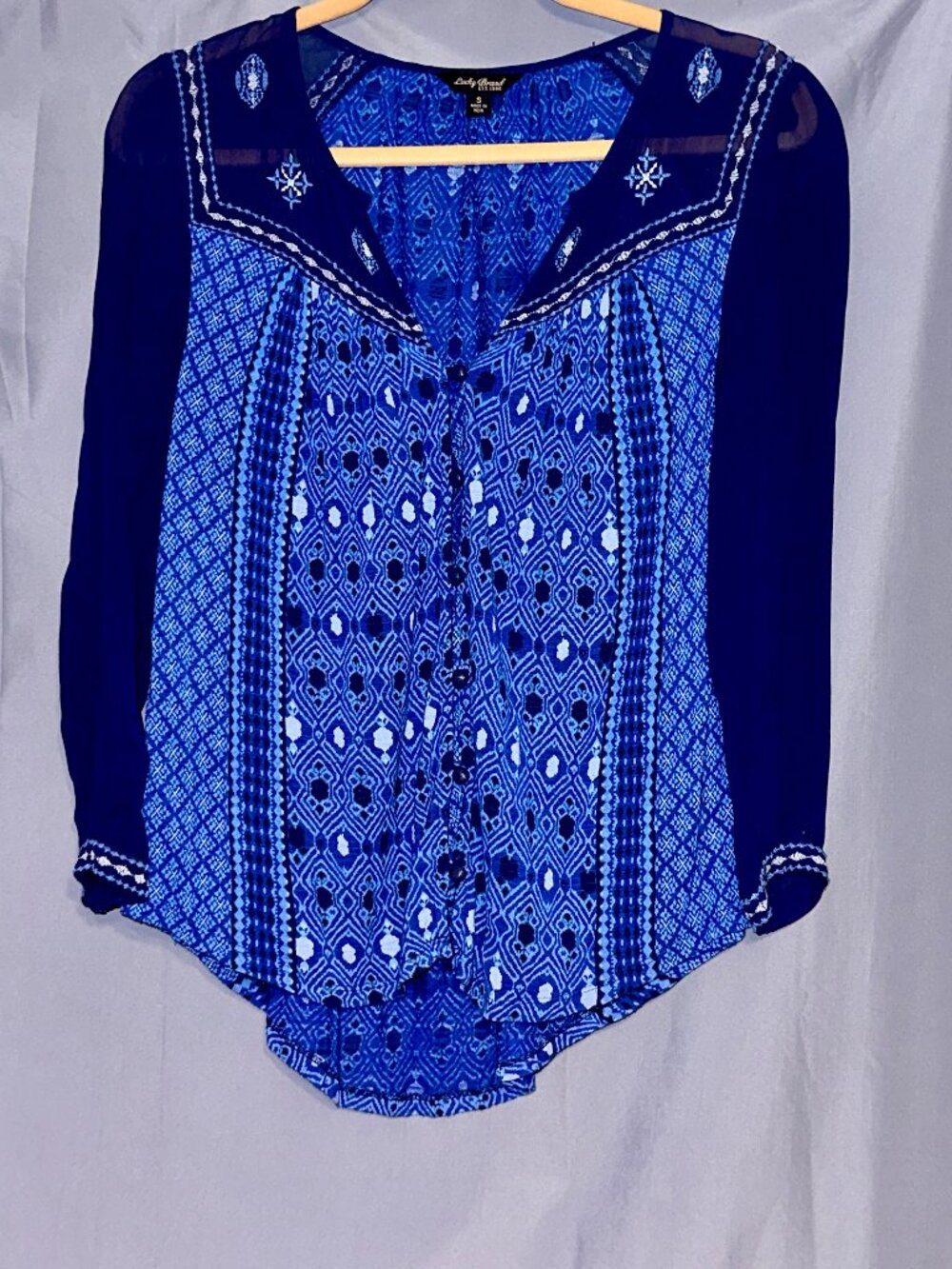 Lucky Brand Women's Blue-Print Chiffon Blouse Relaxed Boho Button Top, S